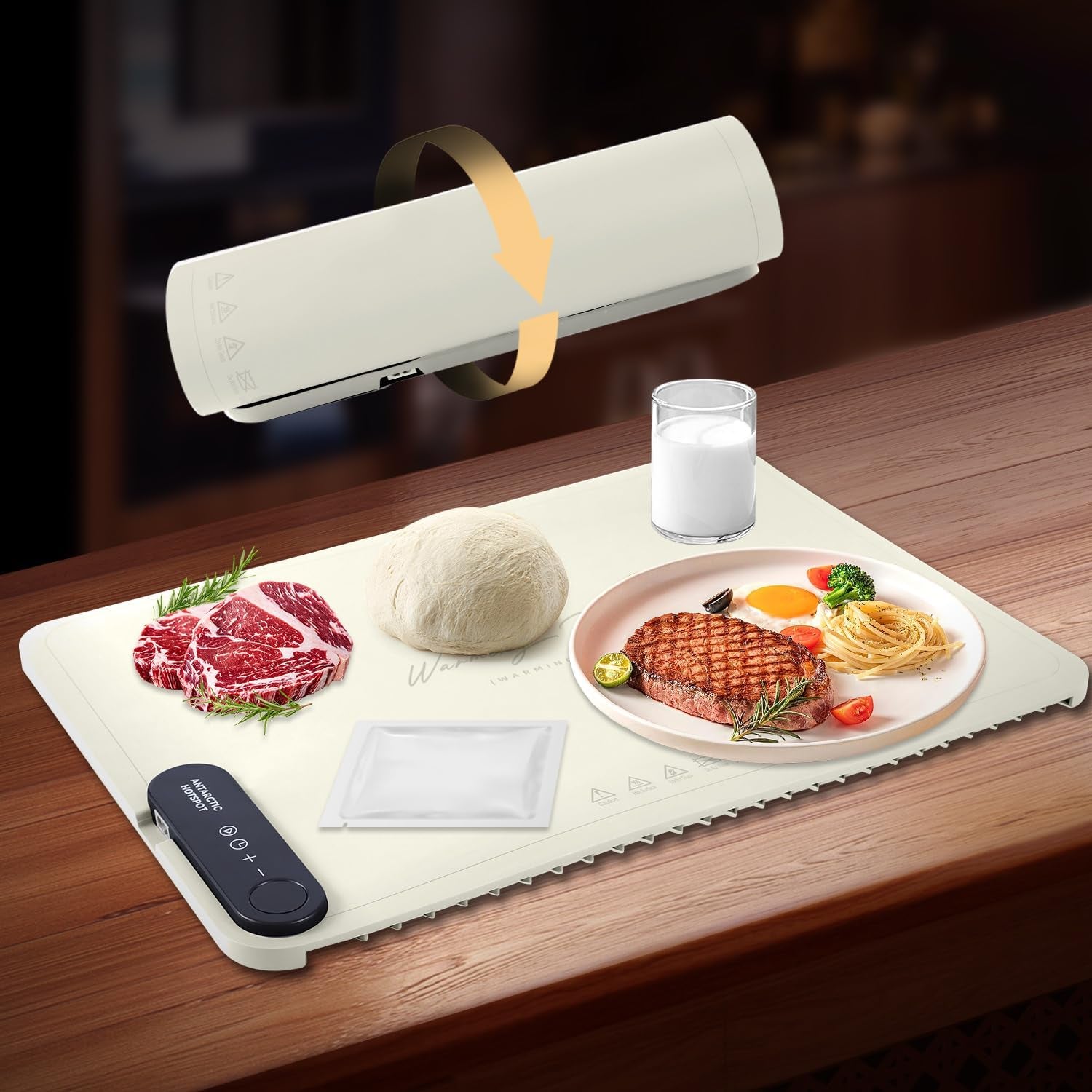 Professional Rollable Full Surface Heating Mat for Food Service, Portable Electric Silicone Defrosting Tray and Hot Plate in Beige