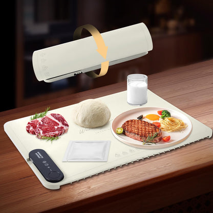 Professional Rollable Full Surface Heating Mat for Food Service, Portable Electric Silicone Defrosting Tray and Hot Plate in Beige