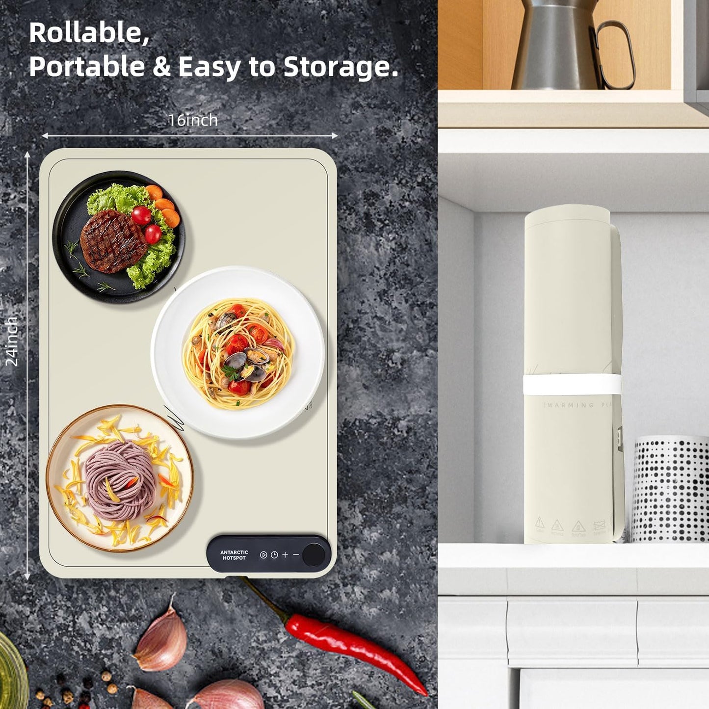 Professional Rollable Full Surface Heating Mat for Food Service, Portable Electric Silicone Defrosting Tray and Hot Plate in Beige